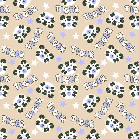 Seamless pattern with tiger faces, stars and text TIGER. Perfect for T-shirt, textile and print. Hand drawn illustration for decor and design.の写真素材