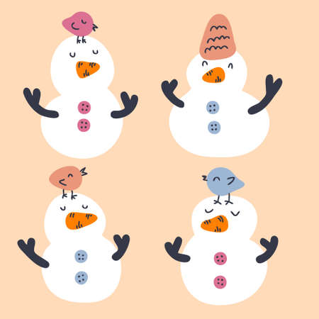 Hand drawn snowmen and birds winter collection. Perfect for T-shirt, stickers, textile and print. Doodle vector illustration for decor and design.のイラスト素材