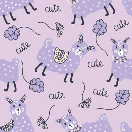 Doodle seamless pattern with lamas and text cute. Perfect for T-shirt, textile and print. Hand drawn vector illustration for decor and design.のイラスト素材