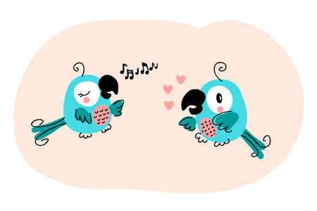 Hand drawn valentine singing parrots. Perfect for T-shirt, stickers, poster and print. Doodle vector illustration for decor and design.のイラスト素材