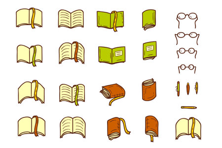 Books and textbooks school doodle icons collection. Learning and education symbol set. Hand drawn vector illustration for decor and design.のイラスト素材