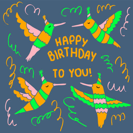Hand drawn festive hummingbirds happy birthday pattern. Perfect for greeting card, party invitation and print. Doodle vector illustration for decor and design.のイラスト素材