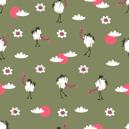 Doodle seamless pattern with cranes and lotus flowers. Perfect for T-shirt, textile and print. Hand drawn vector illustration for decor and design.のイラスト素材