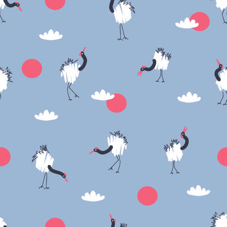 Hand drawn seamless pattern with red crowned cranes. Perfect for T-shirt, textile and print. Doodle vector illustration for decor and design.のイラスト素材
