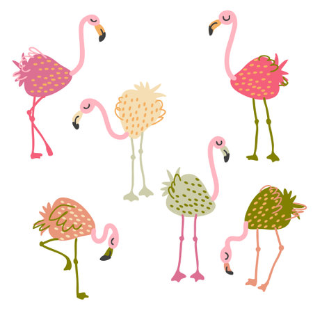 Hand drawn strawberry flamingo collection. Perfect for T-shirt, poster, stickers and print. Doodle vector illustration for decor and design.のイラスト素材