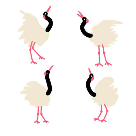 Hand drawn red crowned cranes collection. Perfect for T-shirt, poster, stickers and print. Doodle vector illustration for decor and design.のイラスト素材