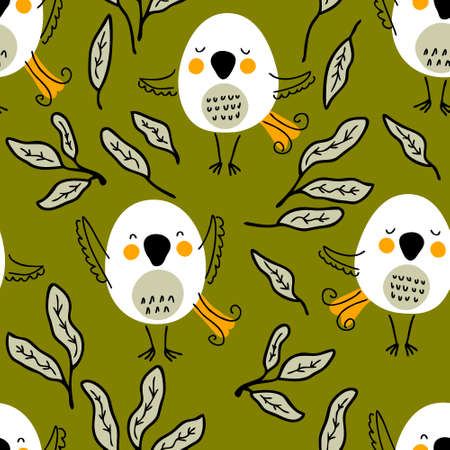 Hand drawn seamless pattern with birds and leaves. Perfect for T-shirt, textile and print. Doodle vector illustration for decor and design.のイラスト素材