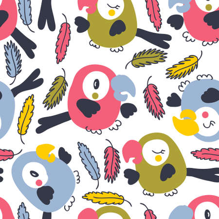 Hand drawn  seamless pattern with parrots and feathers. Perfect for T-shirt, textile and print. Doodle vector illustration for decor and design.のイラスト素材