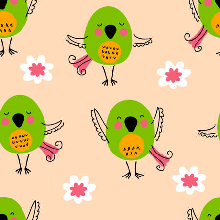 Hand drawn seamless pattern with birds and flowers. Perfect for T-shirt, textile and print. Doodle vector illustration for decor and design.のイラスト素材