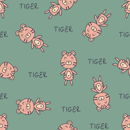 Doodle tiger seamless pattern with inscription. Perfect for T-shirt, textile and print. Hand drawn vector illustration for decor and design.のイラスト素材