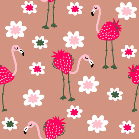 Red strawberry flamingo and flowers seamless pattern. Perfect for T-shirt, textile and print. Hand drawn vector illustration for decor and design.のイラスト素材