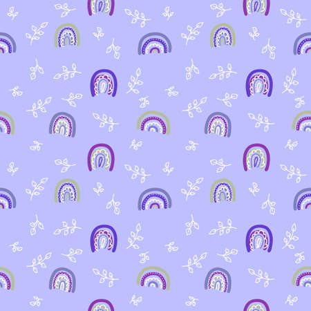 Doodle seamless pattern with rainbows and leaves. Perfect for T-shirt, postcard, textile and print. Hand drawn illustration for decor and design.の写真素材