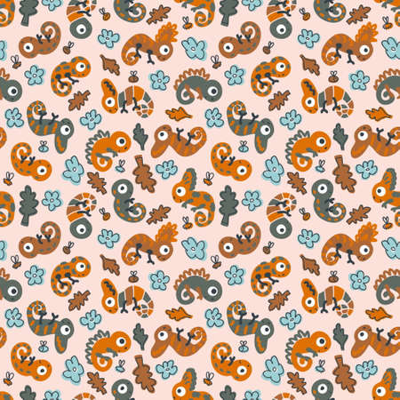 Hand drawn chameleons in exotic nature seamless pattern. Perfect for T-shirt, fabric, textile and print. Doodle illustration for decor and design.の写真素材