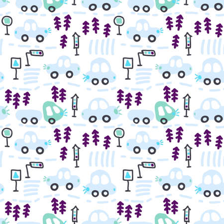 Tender seamless pattern of traffic cars and christmas trees. Design for T-shirt, textile and prints. Hand drawn illustration.の写真素材