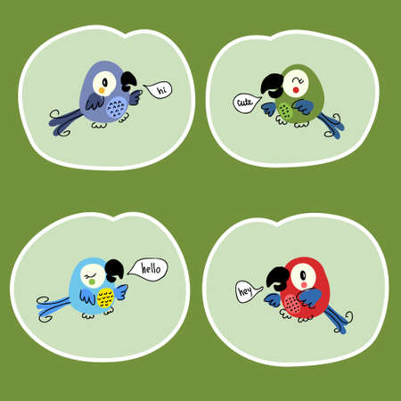 Hand drawn talking macaw parrots sticker set. Perfect for T-shirt, poster, textile and print. Doodle...