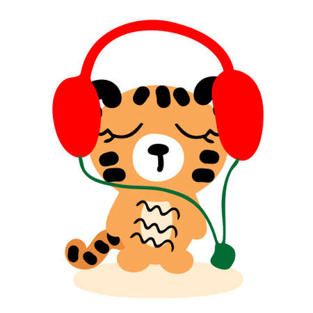 Hand drawn tiger cub listens to music with headphones. Perfect for T-shirt, poster, greeting card, and print. Doodle vector illustration for decor and design.のイラスト素材