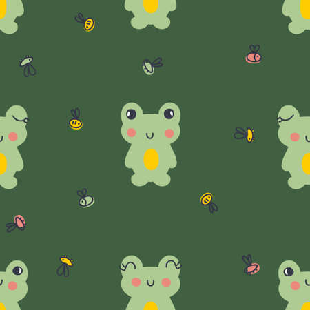 Hand drawn seamless pattern with frogs and fly. Perfect for T-shirt, postcard, textile and print....