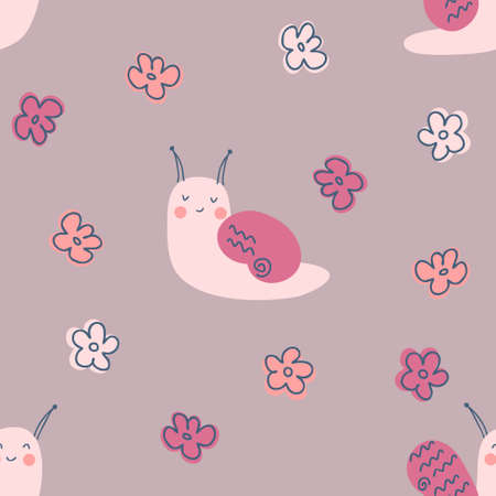 Snails and flowers summer doodle seamless pattern. Perfect for T-shirt, textile and print. Hand drawn vector illustration for decor and design.のイラスト素材