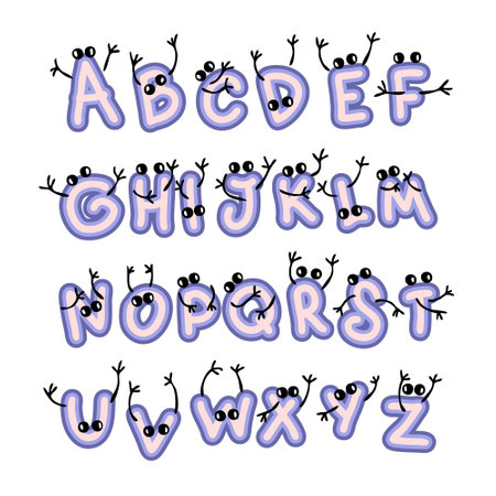 Set of graffiti alphabet letters with hands and eyes. Perfect for poster, party invitation and print. Hand drawn vector illustration for decor and design .;のイラスト素材