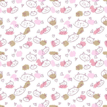 Doodle seamless pattern of cats, hearts and colorful spots. Perfect for T-shirt, textile and print. Hand drawn illustration for decor and design.の写真素材