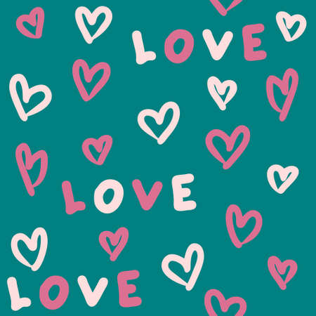 Hand drawn seamless pattern with pink hearts and text LOVE. Perfect for T-shirt, poster, postcard...