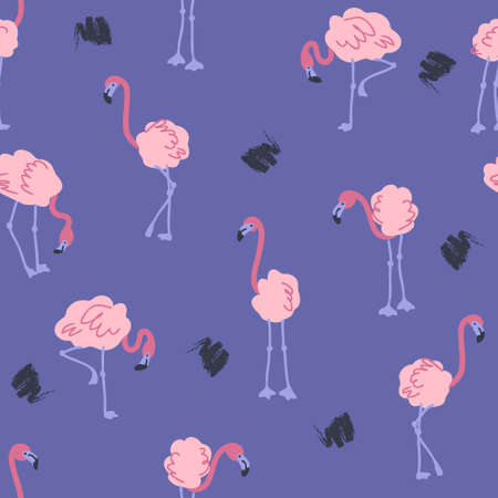 Hand drawn seamless pattern with flamingos and brush strokes. Perfect for T-shirt, textile and print. Doodle vector illustration for decor and design.のイラスト素材