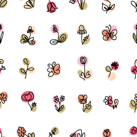 Hand drawn seamless pattern of flowers drawn by one line. Perfect for T-shirt, textile and print. Doodle vector illustration for decor and design.のイラスト素材
