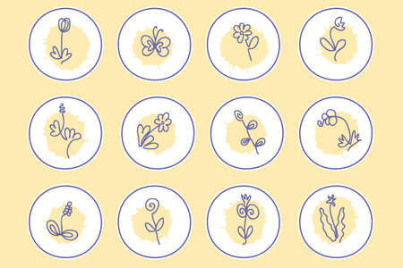Elegance highlight icons set of continuous line flowers.  for boutique, floral shop, eco product. Hand drawn vector illustration for decor and design.のイラスト素材
