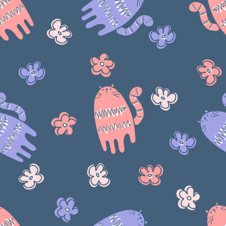 Doodle summer seamless pattern with tigers and flowers. Perfect for T-shirt, textile and prints. Hand drawn vector illustration for decor and design.のイラスト素材