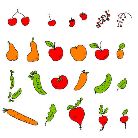 Hand drawn harvest vegetables and fruits icons collection. Perfect for poster, stickers and print. Doodle vector illustration for decor and design.のイラスト素材