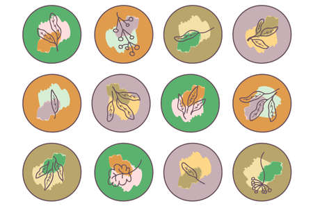 Colorful highlight icons set with doodle leaves and watercolor spots.のイラスト素材