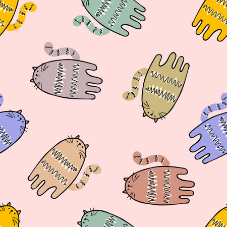 Hand drawn seamless pattern with multicolored tigers. Perfect for T-shirt, textile and prints. Doodle vector illustration for decor and design.のイラスト素材