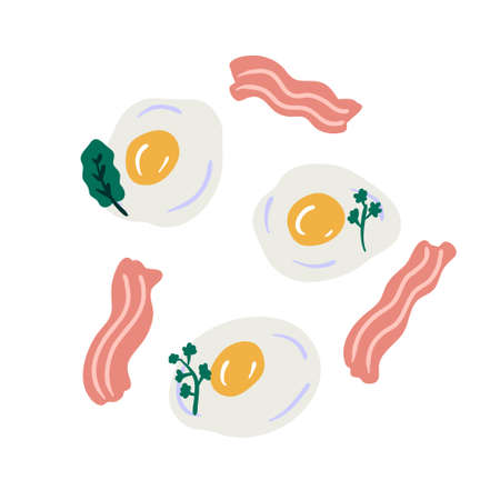 Fried eggs with bacon and greenery vector doodle pattern. Perfect for T-shirt, textile and print. Hand drawn vector illustration for decor and design.のイラスト素材