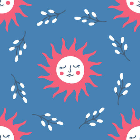 Hand drawn spring seamless pattern with sun and wreath of willow branches. Perfect for T-shirt, textile and print. Doodle vector illustration for decor and design.のイラスト素材