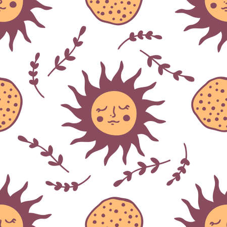 Hand drawn Shrovetide seamless pattern with pancakes, sun and leaves. Perfect for textile, menu,...