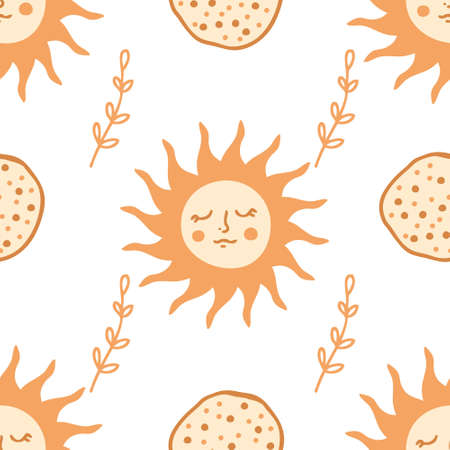 Hand drawn pancakes and sun Shrovetide seamless pattern. Perfect for textile, menu, postcard and print. Doodle vector illustration for decor and design.のイラスト素材