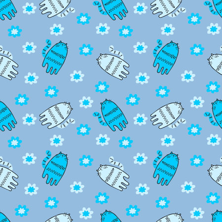 Summer seamless pattern with simple tigers and flowers. Perfect for T-shirt, textile and prints. Hand drawn illustration for decor and design.の写真素材