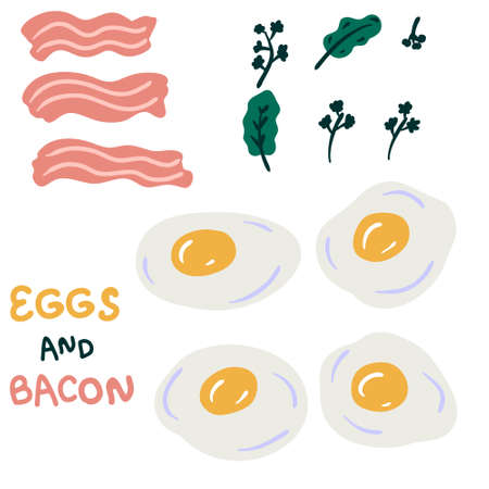 Fried eggs with bacon and greenery vector elements collection.のイラスト素材