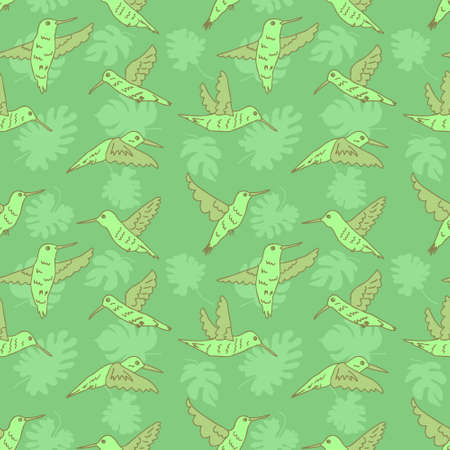 Hand drawn tropical hummingbirds seamless pattern. Perfect for T-shirt, textile and print. Doodle illustration for decor and design.の写真素材