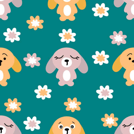 Hand drawn bunnies and flowers summer seamless pattern. Perfect for T-shirt, textile and print. Doodle vector illustration for decor and design.のイラスト素材