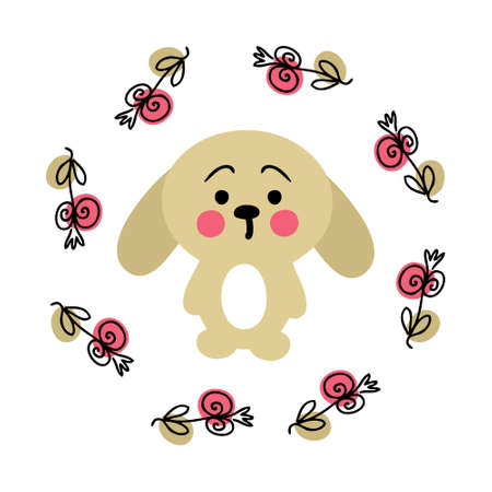 Hand drawn cute bunny in round flower frame. Easter card decoration in trendy vector style. Simple illustration for decorative design.のイラスト素材