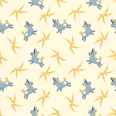 Doodle seamless pattern with unicorns and leaves. Perfect for T-shirt, textile and print. Hand drawn illustration for decor and design.の写真素材