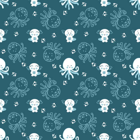 Dark seamless pattern with octopus and axolotls in the ocean. Perfect for T-shirt, textile and...
