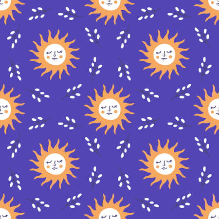 Hand drawn spring seamless pattern with sun and wreath of willow branches. Perfect for T-shirt,...
