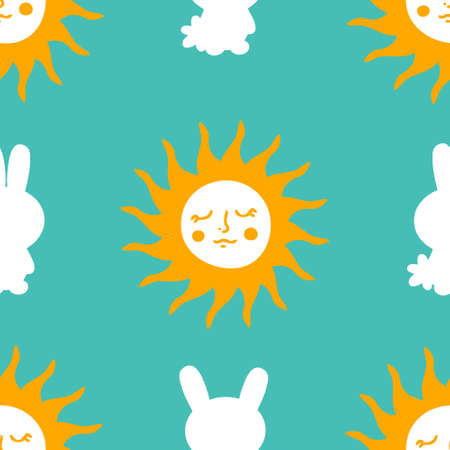 Bright festive Easter seamless pattern with bunnies silhouettes and sun. Perfect for T-shirt, textile and print. Hand drawn vector illustration for decor and design.のイラスト素材