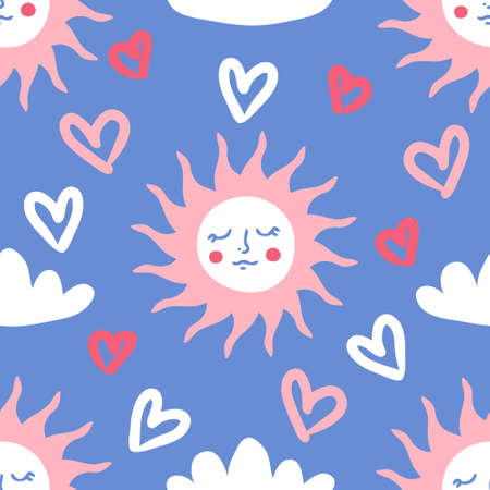 Hand drawn summer seamless pattern with sun, clouds and hearts. Perfect for T-shirt, textile and print. Doodle vector illustration for decor and design.のイラスト素材