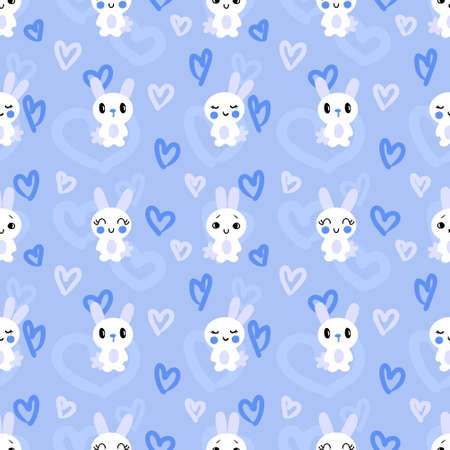 Doodle Easter seamless pattern with bunnies and hearts. Perfect for T-shirt, textile and print. Hand drawn illustration for decor and design.の写真素材