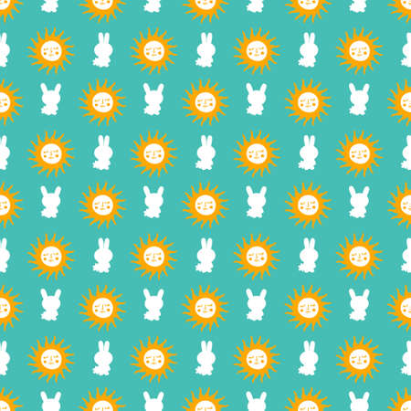 Bright festive Easter seamless pattern with bunnies silhouettes and sun. Perfect for T-shirt,...