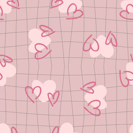 Trippy grid retro checkerboard seamless pattern with hearts. Checkered background with distorted...