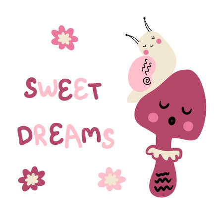 Hand drawn sleepy snail, mushroom and text SWEET DREAMS. Perfect for T-shirt, poster and print. Vector isolated illustration for decor and design.のイラスト素材